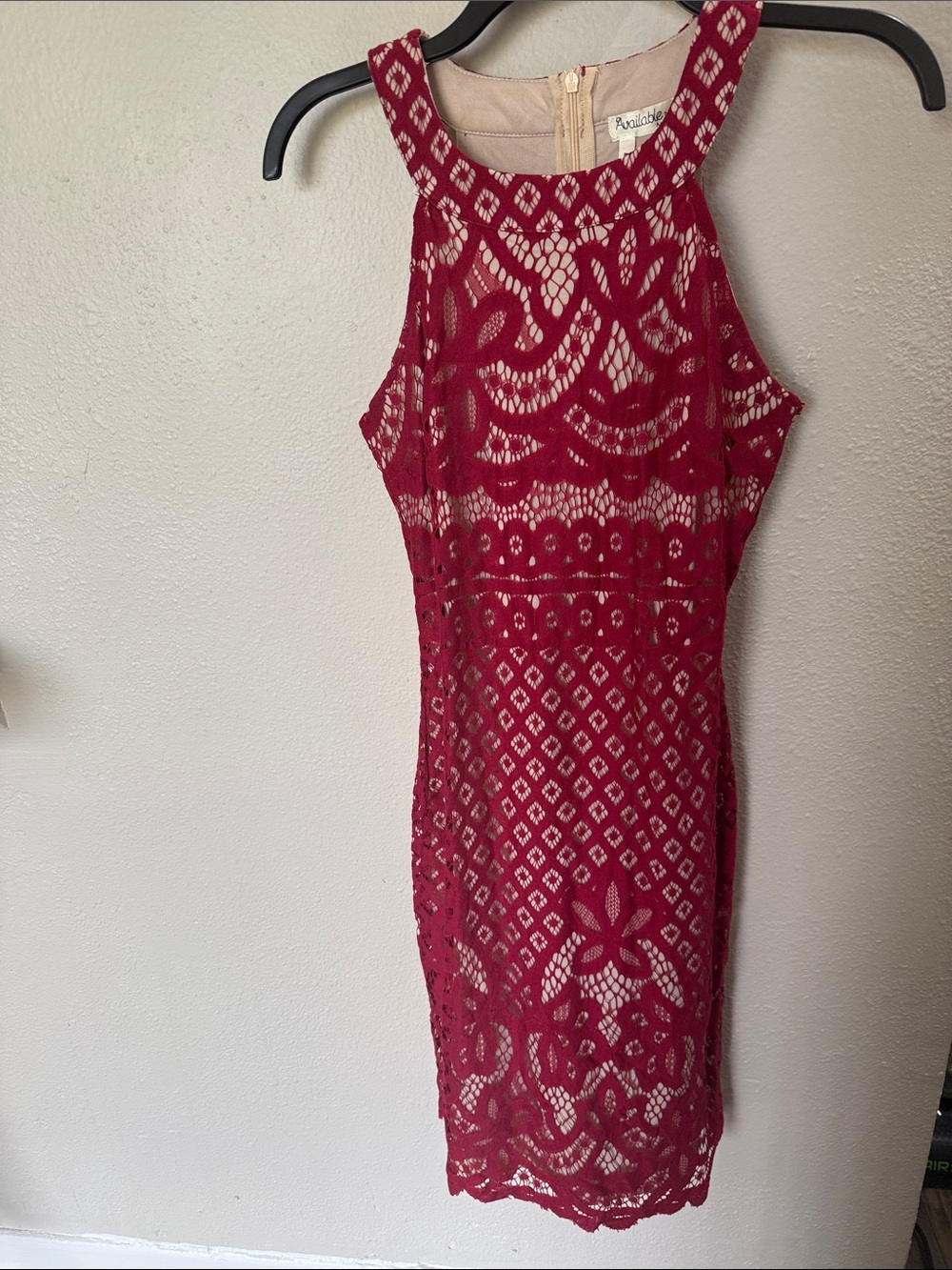 Aqua Burgundy Lace Midi Dress with Nude Lining